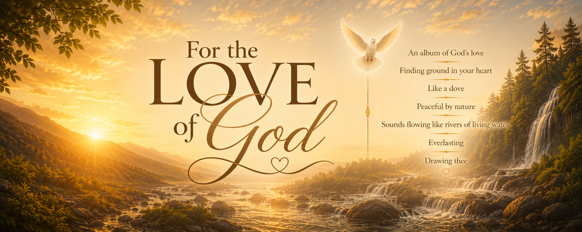 For the Love of God album banner with a golden landscape, waterfall and dove
